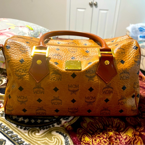 Vintage MCM Visetos Coated Canvas Leather Medium Boston Bag Cognac